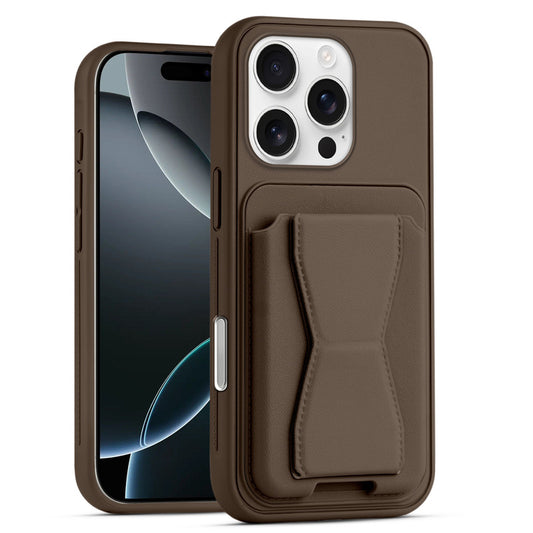 All in One Premium Leather Back Cover for Apple iphone 16 Pro Max with Card Slot & Foldable Grip Holder