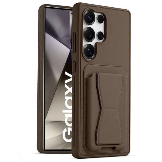 All in One Premium Leather Back Cover for Samsung S24 Ultra 5G with Card Slot & Foldable Grip Holder