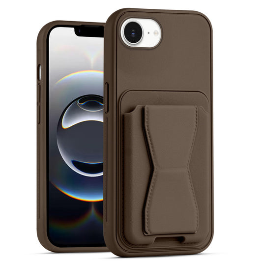 All in One Premium Leather Back Cover for Apple iPhone 16e with Card Slot & Foldable Grip Holder