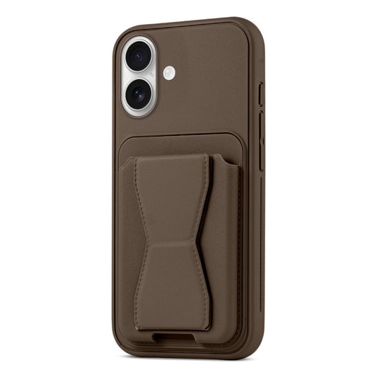 All in One Premium Leather Back Cover for Apple iPhone 16 with Card Slot & Foldable Grip Holder