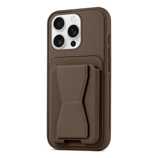 All in One Premium Leather Back Cover for Apple iPhone 16 Pro with Card Slot & Foldable Grip Holder