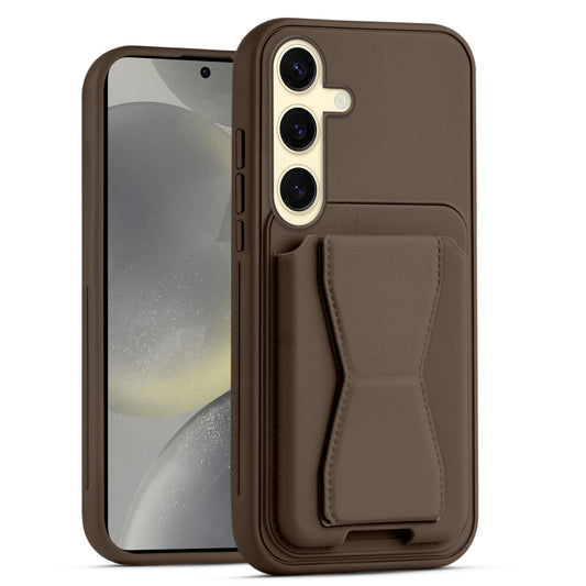 All in One Premium Leather Back Cover for Samsung S24 5G with Card Slot & Foldable Grip Holder