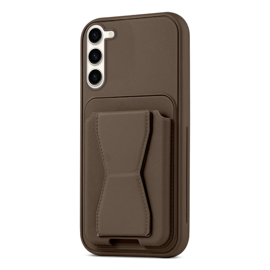 All in One Premium Leather Back Cover for Samsung S23 5G with Card Slot & Foldable Grip Holder