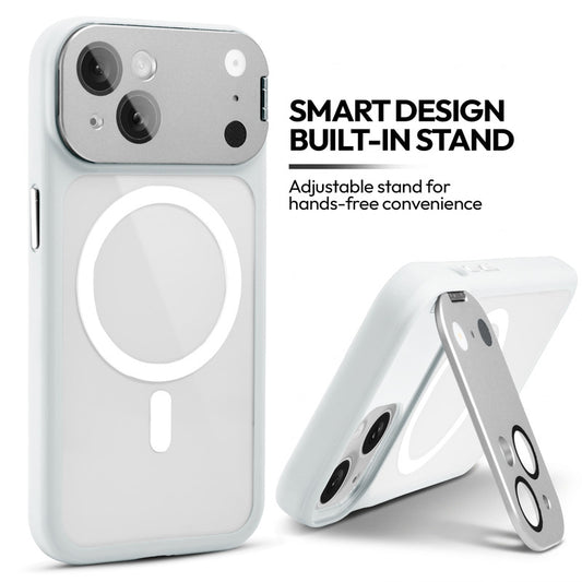 Apple iPhone 15 Case with MagSafe Compatibility, Flip-Open Camera Cover Stand, Glossy Glass Back & Metallic Buttons