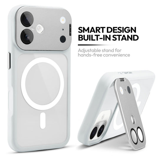 Apple iPhone 16 Case with MagSafe Compatibility, Flip-Open Camera Cover Stand, Glossy Glass Back & Metallic Buttons