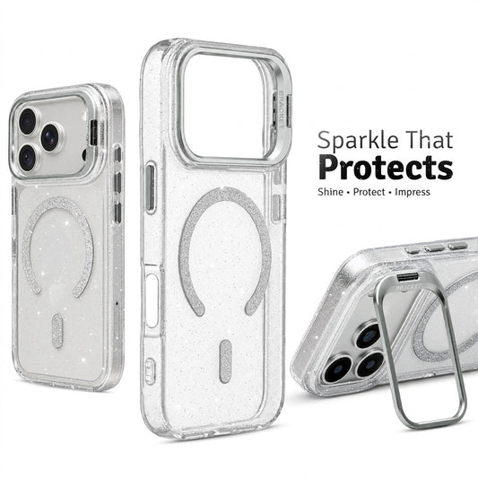 Apple iPhone 18 Pro Max Luxury Glitter Case with Hard Back, Soft TPU Edges, Camera Ring Stand & MagSafe Compatibility