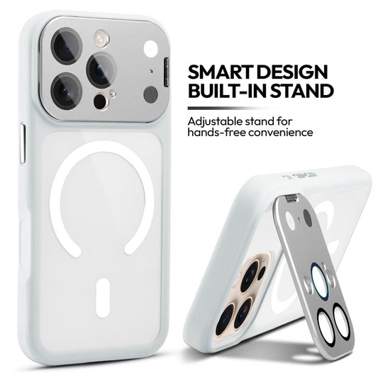 Apple iphone 16 Pro Max Case with MagSafe Compatibility, Flip-Open Camera Cover Stand, Glossy Glass Back & Metallic Buttons