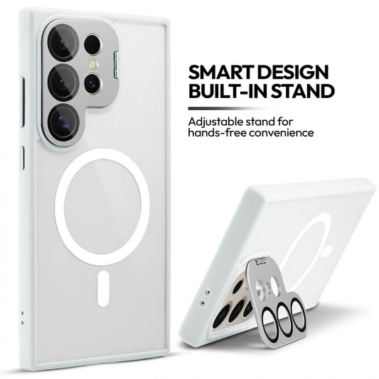 Samsung S24 Ultra 5G Case with MagSafe Compatibility, Flip-Open Camera Cover Stand, Glossy Glass Back & Metallic Buttons