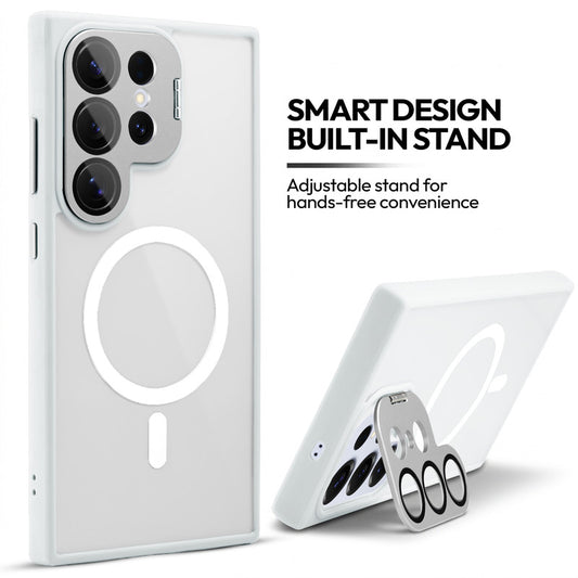 Samsung S25 Ultra 5G Case with MagSafe Compatibility, Flip-Open Camera Cover Stand, Glossy Glass Back & Metallic Buttons