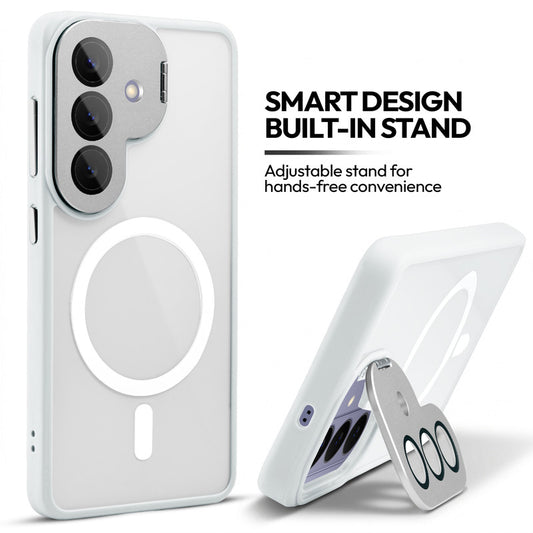 Samsung S26 5G Case with MagSafe Compatibility, Flip-Open Camera Cover Stand, Glossy Glass Back & Metallic Buttons