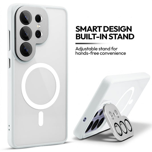 Samsung S26 Ultra 5G Case with MagSafe Compatibility, Flip-Open Camera Cover Stand, Glossy Glass Back & Metallic Buttons
