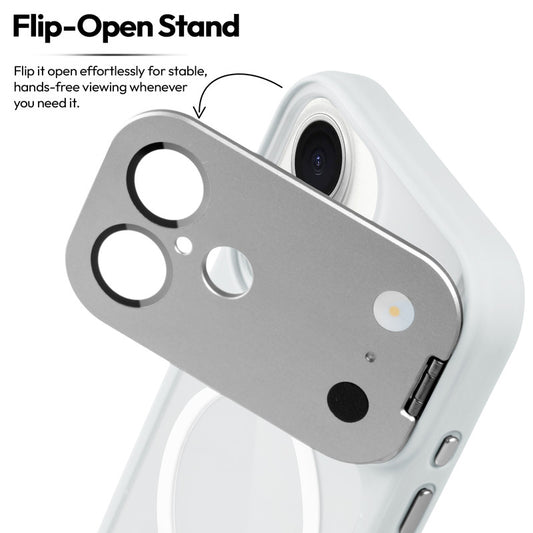 Apple iPhone 16 Case with MagSafe Compatibility, Flip-Open Camera Cover Stand, Glossy Glass Back & Metallic Buttons