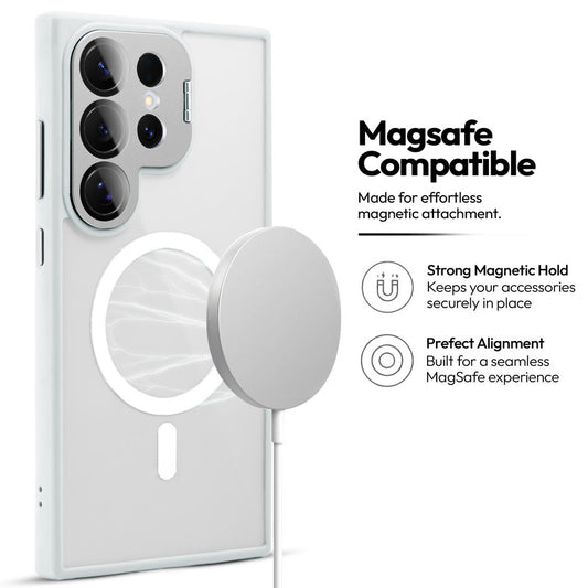 Samsung S25 Ultra 5G Case with MagSafe Compatibility, Flip-Open Camera Cover Stand, Glossy Glass Back & Metallic Buttons