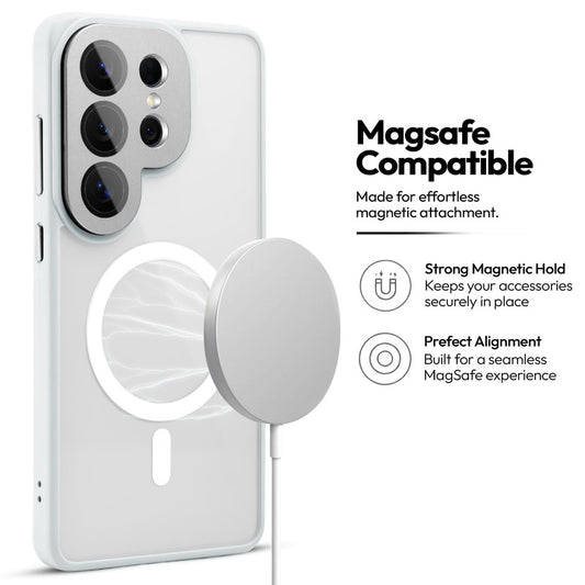 Samsung S26 Ultra 5G Case with MagSafe Compatibility, Flip-Open Camera Cover Stand, Glossy Glass Back & Metallic Buttons