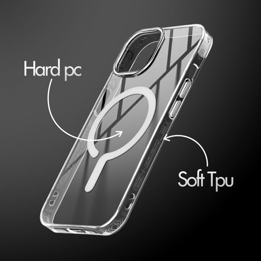 Crystal Clear Magnetic Back Case for Apple iPhone 14 with Air Cushion Bumper & Metal Finish Buttons