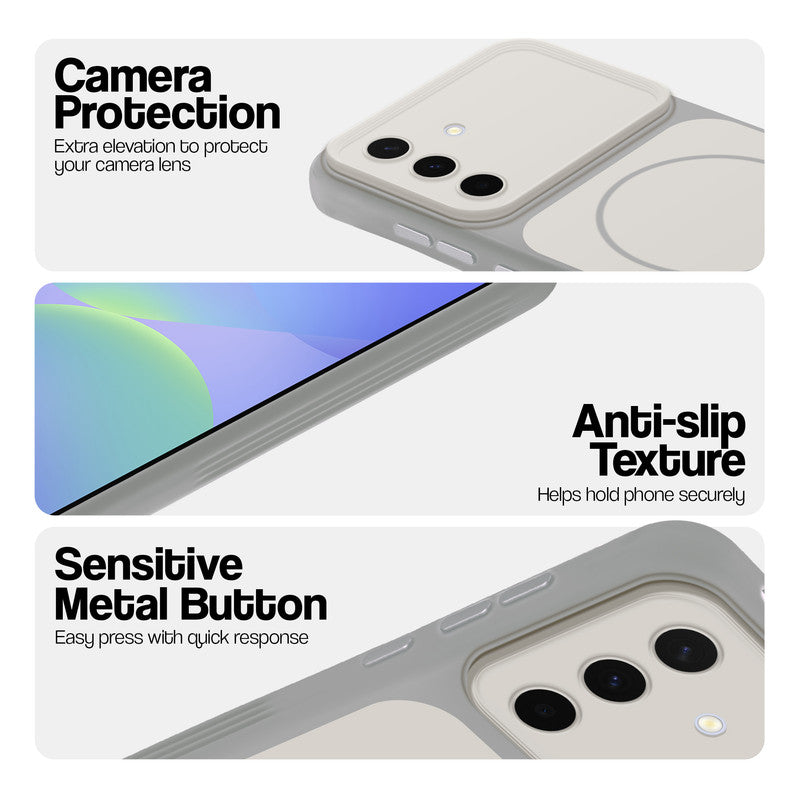 White Phone case for Samsung A56 5G highlighting raised camera protection, anti-slip texture, and responsive side buttons