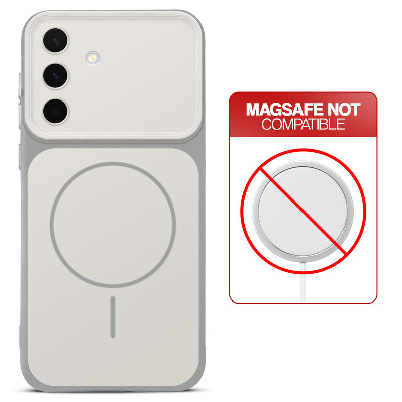 Dual tone silicone White phone cover for Samsung A56 5G showing wireless charging not supported notice
