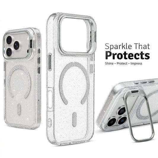 Apple iPhone 18 Pro Luxury Glitter Case with Hard Back, Soft TPU Edges, Camera Ring Stand & MagSafe Compatibility