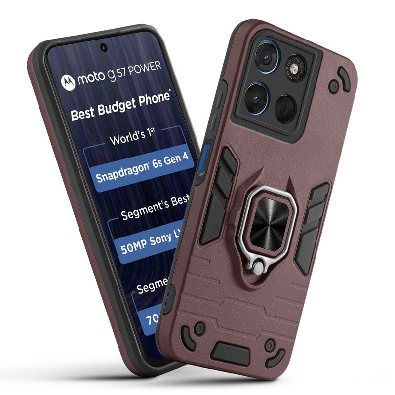 Front and back view of Motorola G57 Power 5G fitted with a protective case and ring grip
