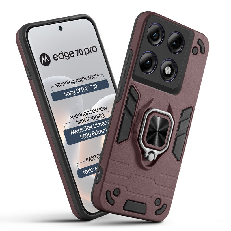 Front and back view of Motorola Moto Edge 70 Pro 5G fitted with a protective case and ring grip
