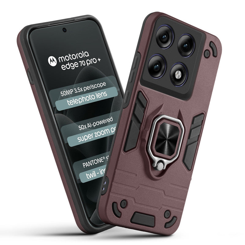Front and back view of Motorola Moto Edge 70 Pro Plus 5G fitted with a protective case and ring grip