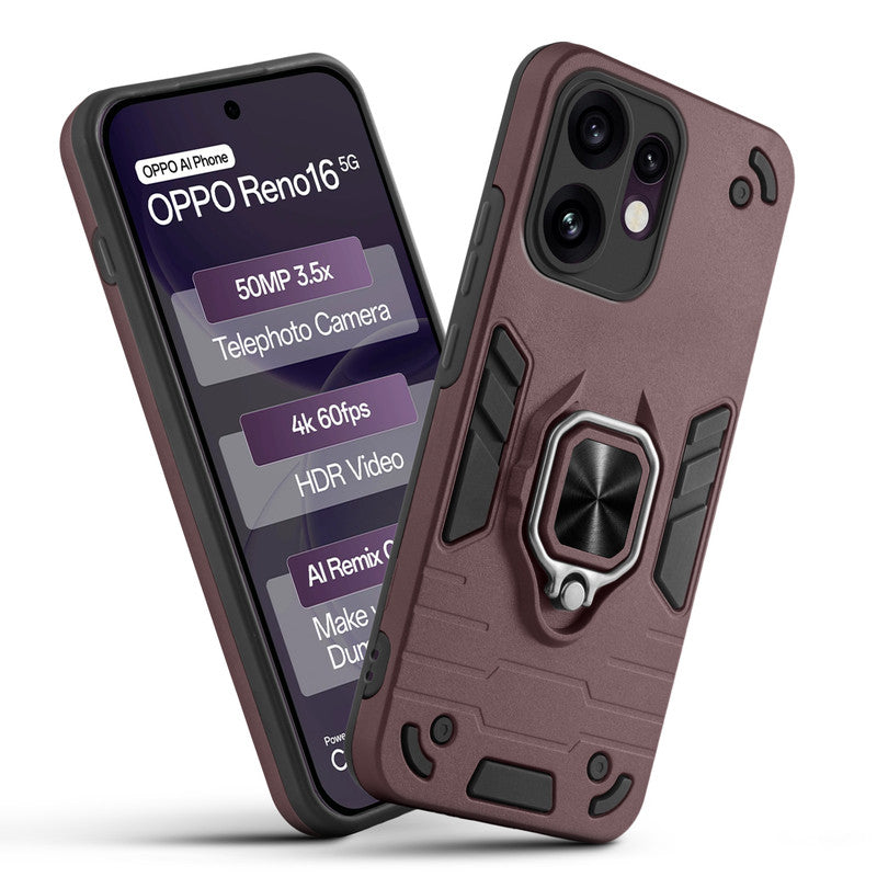Front and back view of Oppo Reno 16 5G fitted with a protective case and ring grip