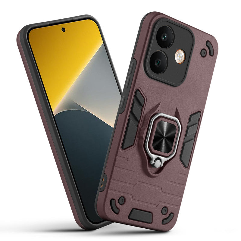 Front and back view of POCO X8 5G fitted with a protective case and ring grip