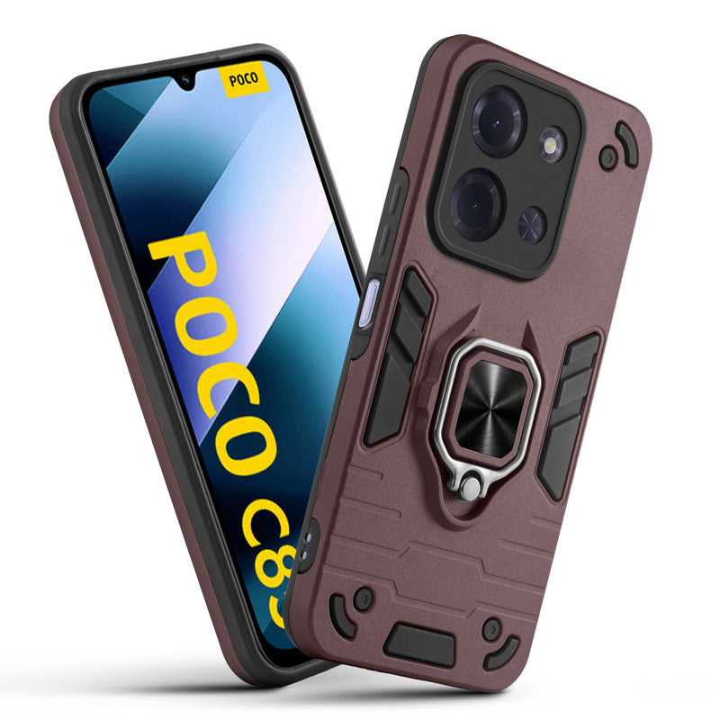 Front and back view of Poco C85 5G fitted with a protective case and ring grip