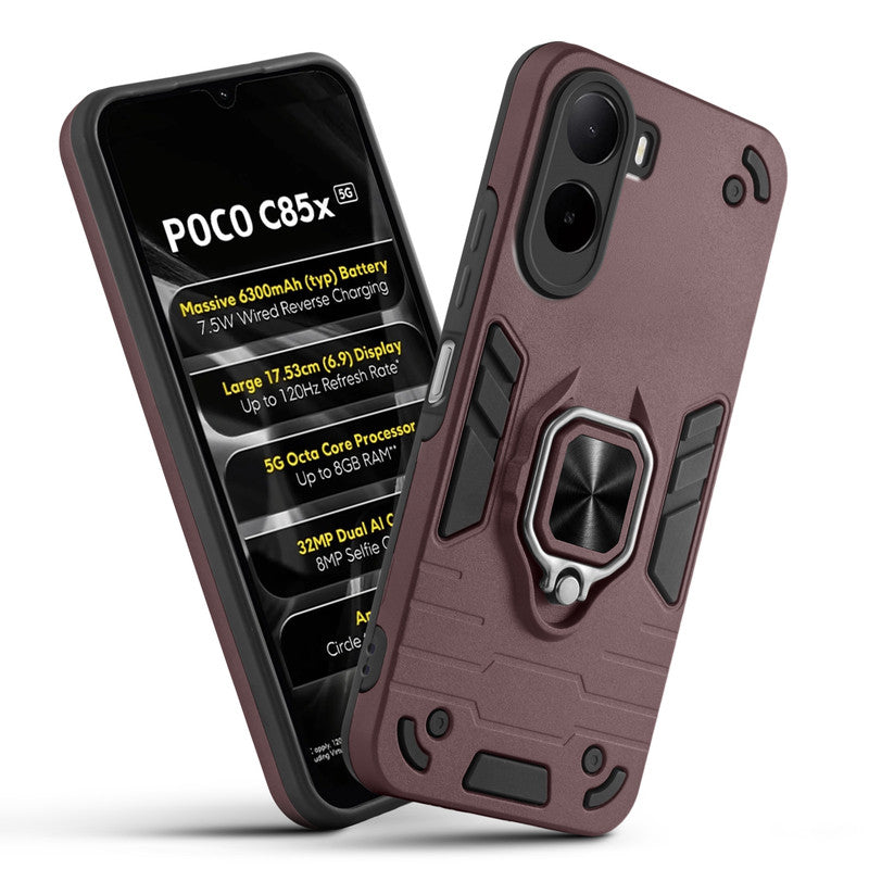 Front and back view of Poco C85x 5G fitted with a protective case and ring grip