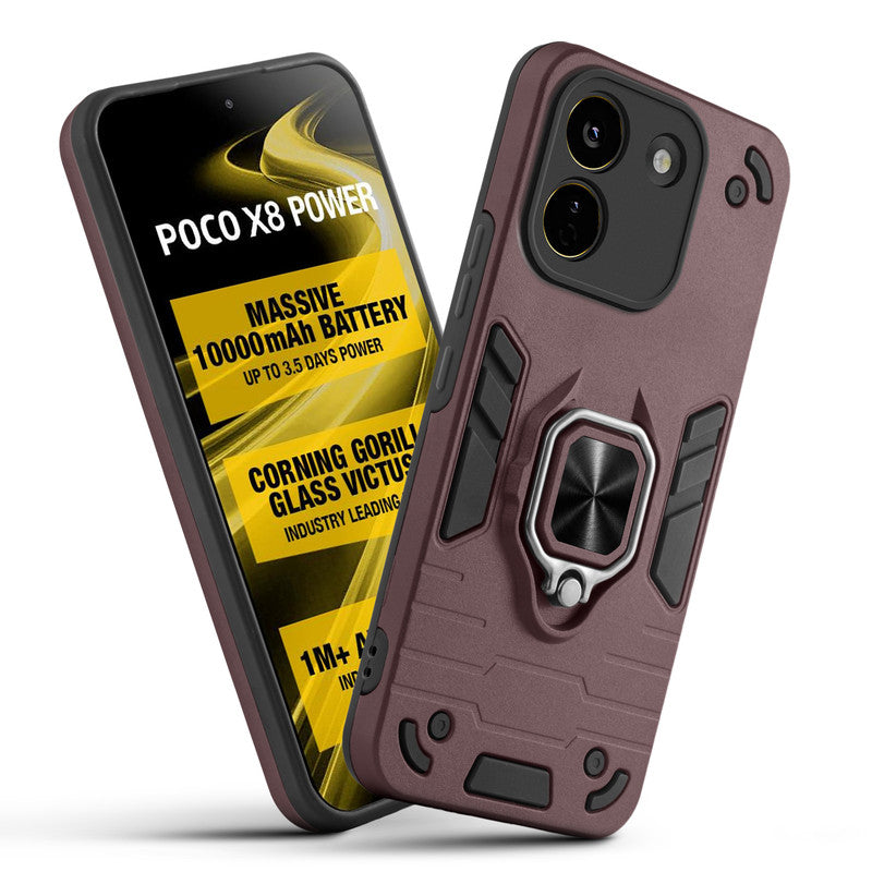 Front and back view of Poco X8 Power 5G fitted with a protective case and ring grip