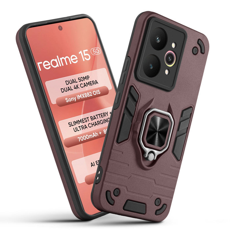 Front and back view of Realme 15 5G fitted with a protective case and ring grip
