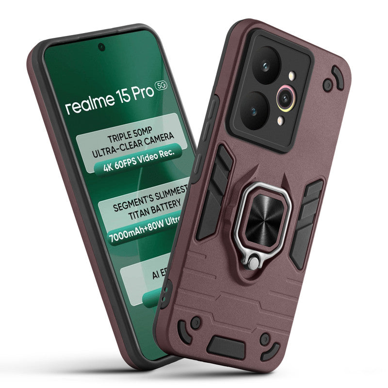 Front and back view of Realme 15 Pro 5G fitted with a protective case and ring grip