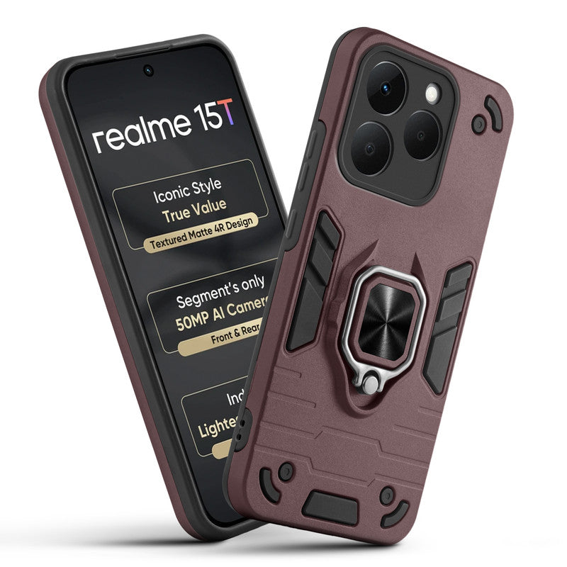 Front and back view of Realme 15T 5G fitted with a protective case and ring grip