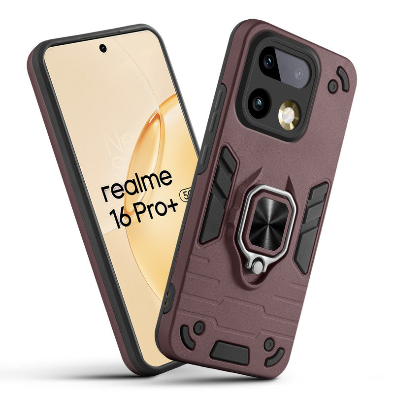 Front and back view of Realme 16 Pro Plus 5G fitted with a protective case and ring grip
