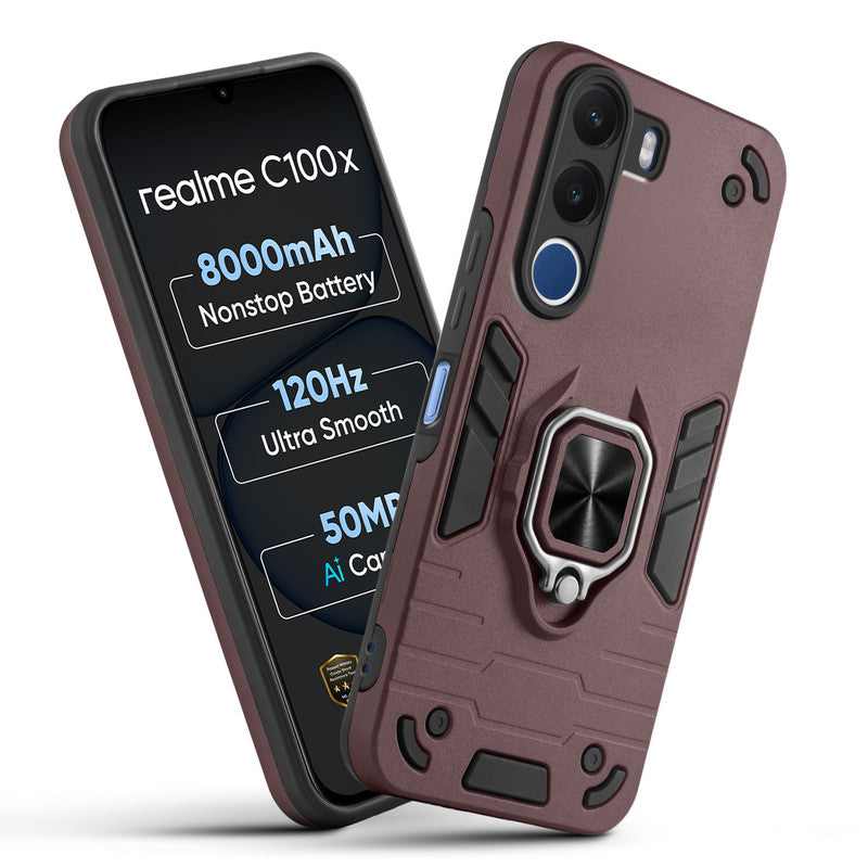 Front and back view of Realme C100x 5G fitted with a protective case and ring grip