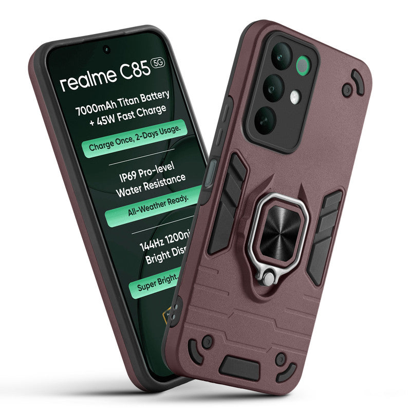 Front and back view of Realme C85 5G fitted with a protective case and ring grip