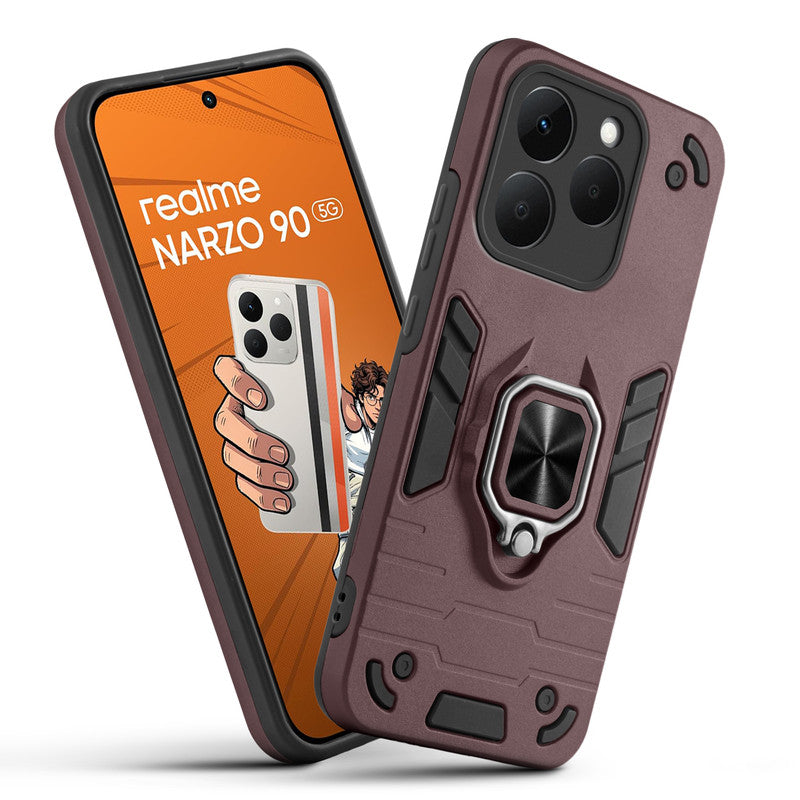 Front and back view of Realme Narzo 90 5G fitted with a protective case and ring grip