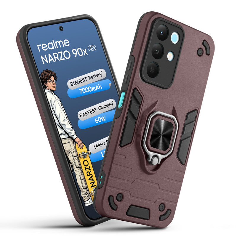 Front and back view of Realme Narzo 90x 5G fitted with a protective case and ring grip