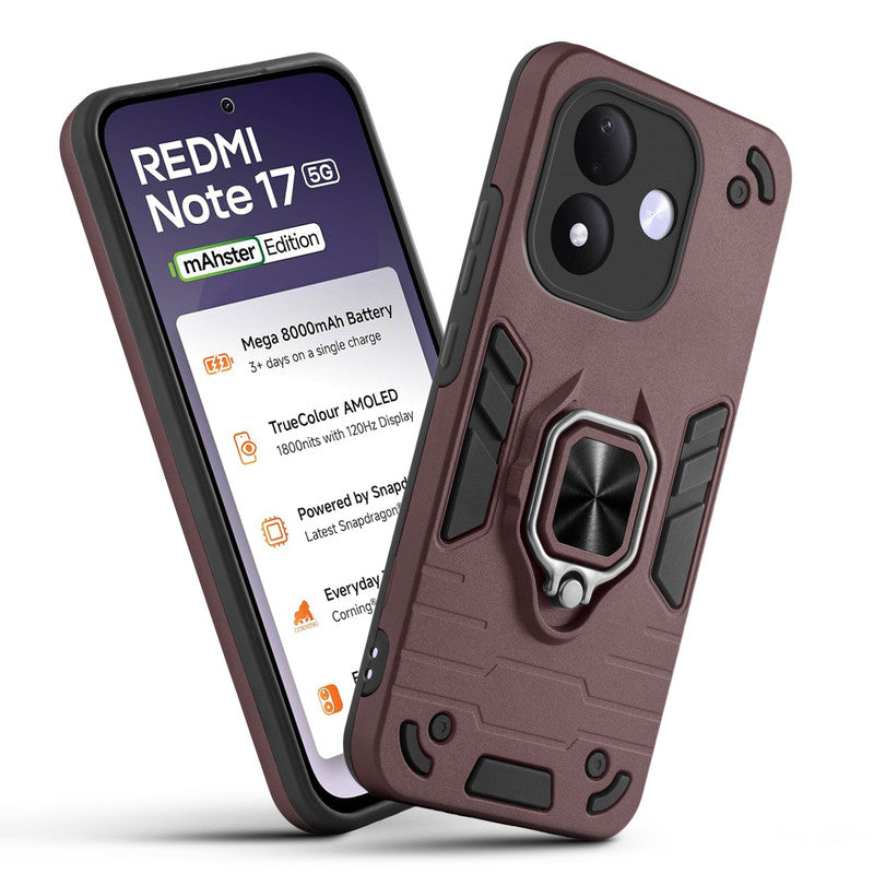 Front and back view of Redmi Note 17 5G fitted with a protective case and ring grip