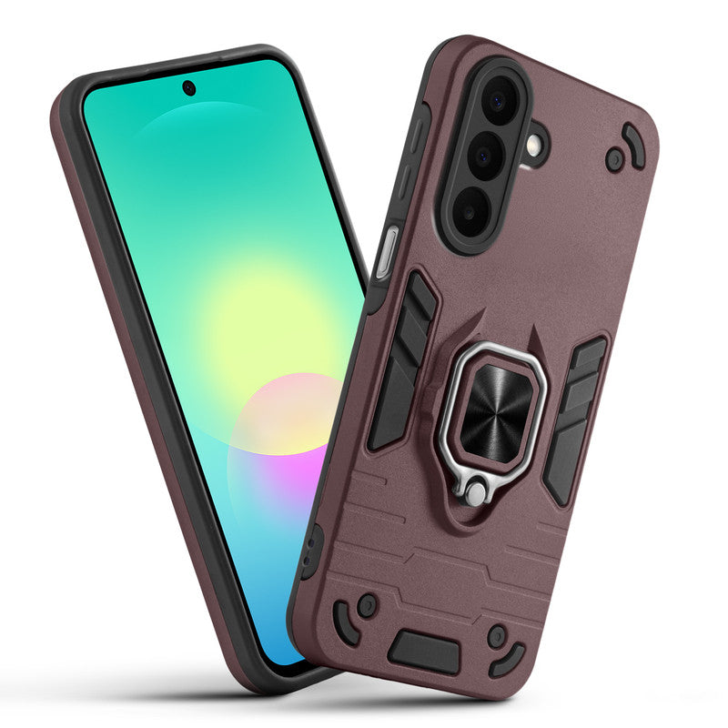 Front and back view of Samsung A27 5G fitted with a protective case and ring grip