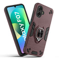 Front and back view of Samsung F07 fitted with a protective case and ring grip
