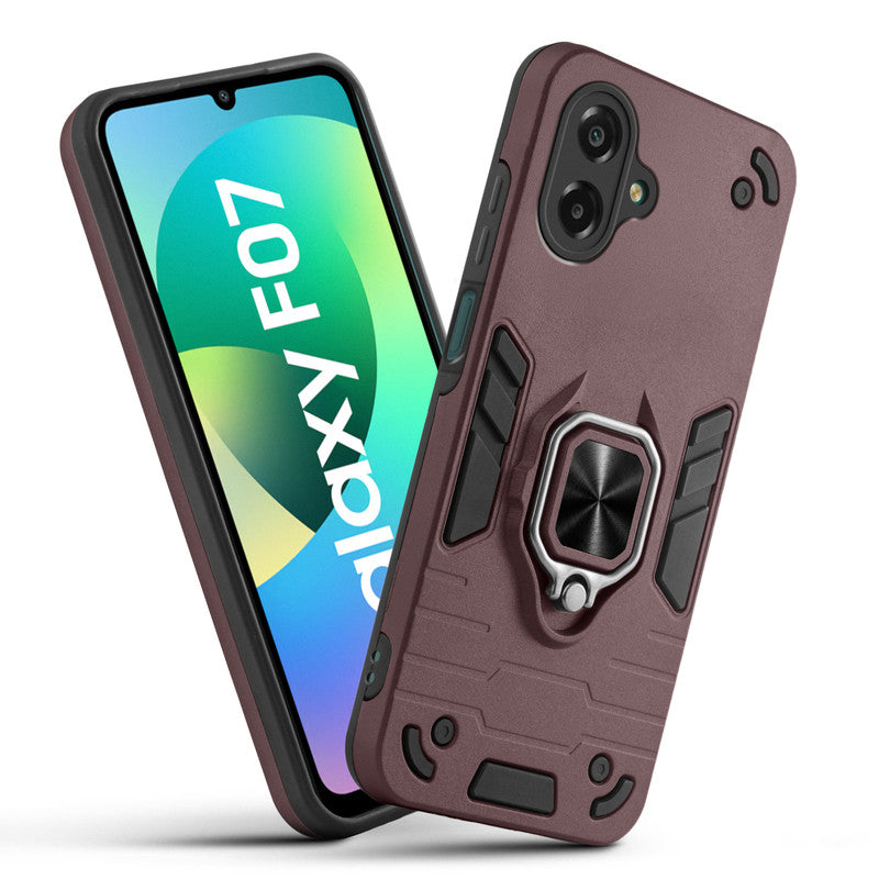 Front and back view of Samsung F07 fitted with a protective case and ring grip