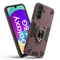 Front and back view of Samsung F17 5G fitted with a protective case and ring grip