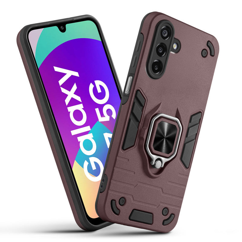 Front and back view of Samsung F17 5G fitted with a protective case and ring grip