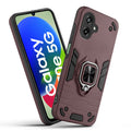 Front and back view of Samsung F70e 5G fitted with a protective case and ring grip