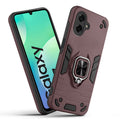 Front and back view of Samsung M07 fitted with a protective case and ring grip