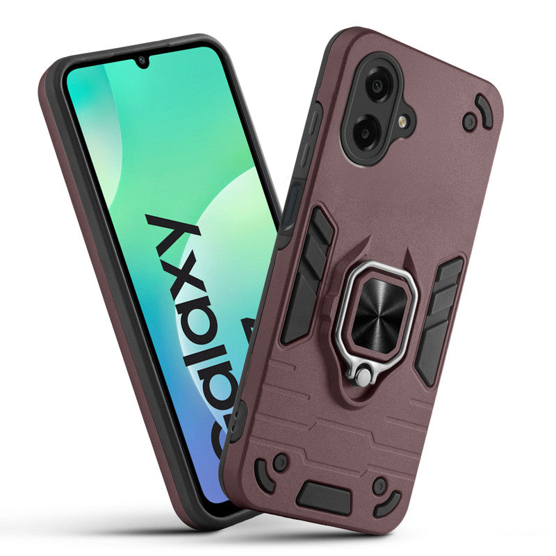 Front and back view of Samsung M07 fitted with a protective case and ring grip