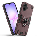 Front and back view of Samsung M17e 5G fitted with a protective case and ring grip