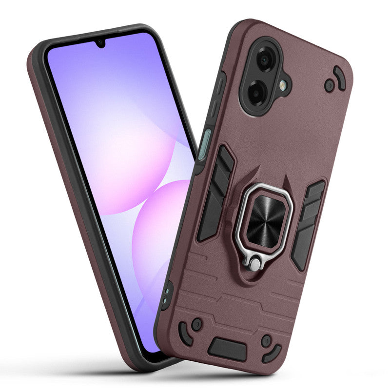 Front and back view of Samsung M17e 5G fitted with a protective case and ring grip