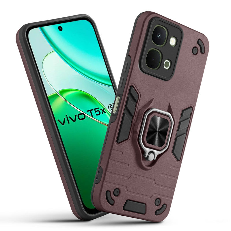 Front and back view of Vivo T5x 5G fitted with a protective case and ring grip